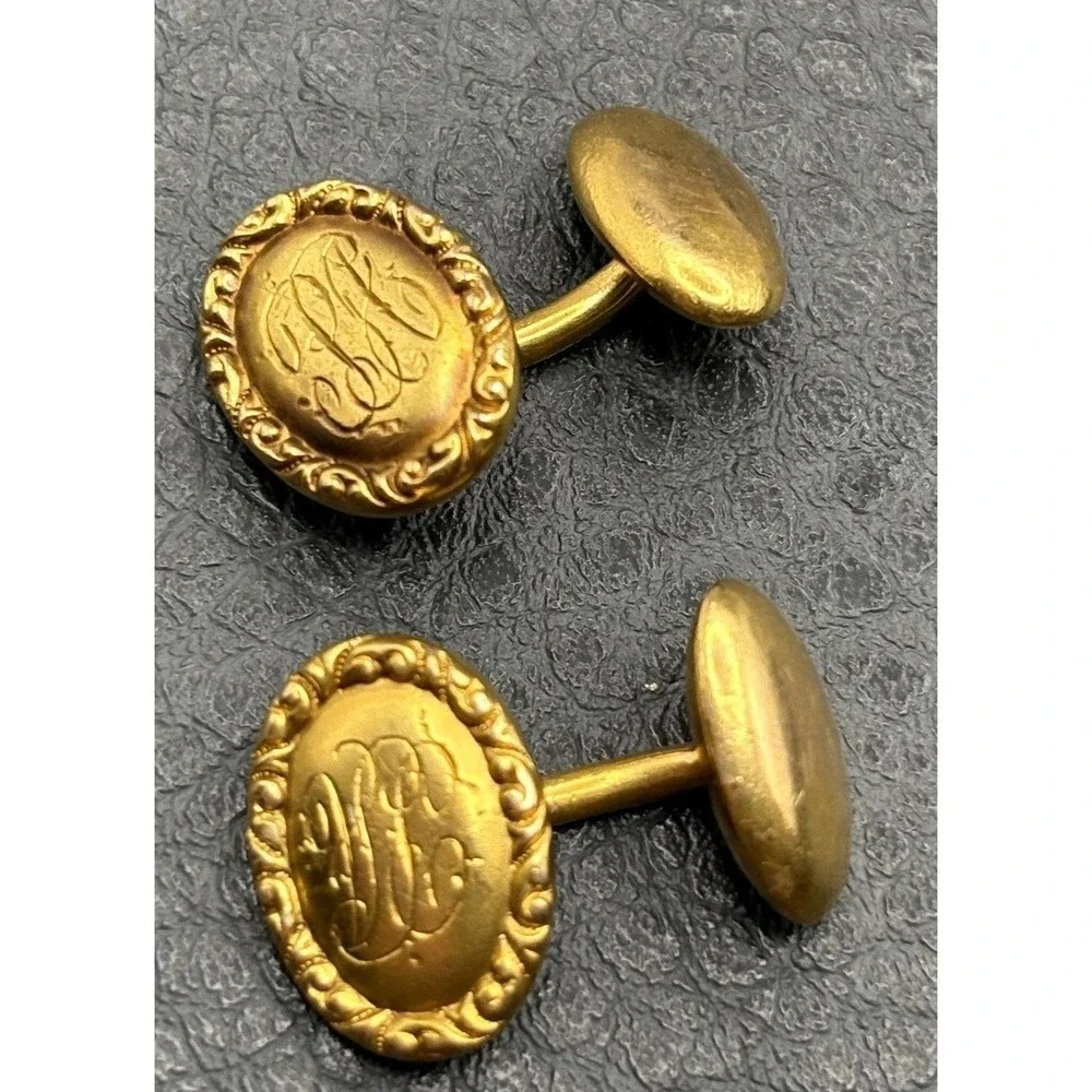 Vintage 14K Solid Yellow Gold Tone Victorian Cufflinks Ornate Etched Initials PA